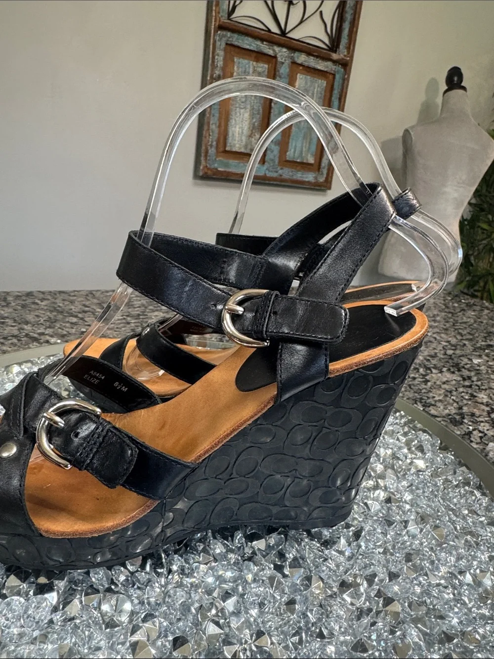 Coach Elize leather Black Logo-Embossed Wedge Sandals with Buckle Detail